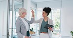 Senior, CEO and worker high five for support, team work or sales goals at a digital agency business office. Smile, women winning or happy employees with motivation, vision or mission for success 