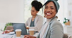 Face, leadership and woman in meeting in office ready for tasks, goals or targets. Ceo, boss and happy female entrepreneur with vision, mission and success mindset sitting with coworker in workplace.