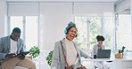 Business, woman and headphones in office, dancing and energetic with coworkers. Staff, employee and worker with headset, music and movement for corporate deal, target success or promotion celebration
