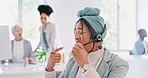 Call center, woman and frustrated with client, angry and stress with customer support, CRM fail and customer problem. Employee annoyed, customer care and consultant face, communication with headset.