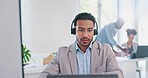 Business, man and call center for telemarketing, talking and in office. Consultant, male employee or agent consulting, help and conversation with online process, digital marketing or customer support