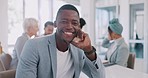 Meeting, office and face of a professional black man sitting at a table with a corporate team. Happy, smile and portrait of African businessman working on company project with colleagues in workplace