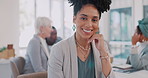 Black woman, happy face and business meeting with team, employees and staff in office for collaboration, management and startup success. Smile, motivation and portrait of female worker with happiness