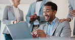 Business people, celebration and applause for man on laptop in office. Success, congratulations and group of staff clapping to celebrate goals, targets or achievements with happy employee on computer