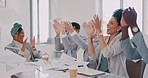 Business people, throwing paper or success meeting in winner finance planning, company growth goals or target motivation. Happy smile, flying documents or excited financial teamwork in diversity kpi