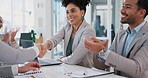 Success, handshake or happy black woman meeting company kpi goals, sales target or bonus achievement. Shaking hands, b2b deal or excited employees with applause for a worker winning a business deal