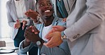 Business people, winner and success applause in office for career goal achievement of black man. Celebration, gratitude and pride of businessman with job promotion support from interracial workers