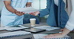 Planning, teamwork and documents with hands of business people in meeting for branding, data analytics and marketing. Support, idea and charts with employee for strategy, collaboration and goals