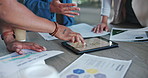 Tablet, strategy and documents with business people in meeting for branding, data analytics and marketing. Support, idea and charts with employee in office for planning, collaboration and goals