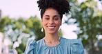 Nature, park and face of happy black woman in outdoor eco friendly garden for peace, freedom or fresh air. Beauty, breathing and portrait of African girl on travel holiday in San Francisco California