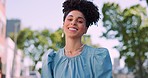 Nature, park and face of happy black woman in outdoor eco friendly garden for peace, freedom or fresh air. Beauty, breathing and portrait of African girl on travel holiday in San Francisco California