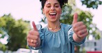 Face, black woman and thumbs up in nature, achievement and good news. African American female, girl and hands in positive action, winner and success with goal, deal and happiness for growth and smile