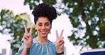 Black woman with face and peace hand sign, outdoor in nature with smile and fun, young and freedom in New York. Youth, hands and v with portrait, happiness and positive mindset, motivation and summer