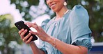 Communication, nature and woman typing on smartphone with smile, reading and writing email or message outside. Technology, wifi and networking, black woman with phone in park checking social media.