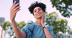 Garden, selfie and black woman with phone, smile and peace sign expression for social media profile picture. Nature, crazy summer fun and woman influencer taking happy photo with smartphone in park.