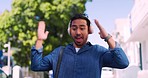 Asian man dance, headphone and smartphone for music, outdoor and casual. Male, guy and headset to listen to radio, relax and wellness for balance, streaming and online song for celebration and energy