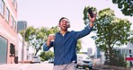 Dance, phone music and man walking in urban city street, listening to radio song or celebrate happy news. Crazy fun energy, headphones and person excited, dancing celebration or streaming audio sound