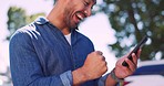 Winner, phone and happy man in celebration for winning an online game or bet while on outdoor walk. Happiness, excited and guy from India with internet success, bonus or achievement on his cellphone.