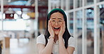 Wow, surprise and excited with a business asian woman looking shocked by putting her hands on her face in expression. Portrait, emoji or motivation with a female employee feeling shock frim good news