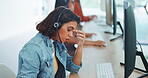 Stress, headache and burnout woman at call center, feeling tired or exhausted. Mental health, anxiety or female sales agent, consultant or telemarketing employee with depression or migraine in office