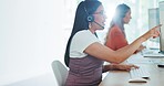 Call center woman, computer and customer support for team, consulting and advice in modern office. Contact us, women and pc for customer service, help desk and crm communication at office in Chicago