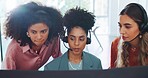 Business, women and call center with employee, manager and conversation for process, system and workplace. Female agents talking, headset and coworkers for customer support, telemarketing and support