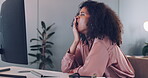 Business woman, tired and burnout at desk with computer and overworked, focus problem with fatigue and working overtime. Black woman yawn, exhausted and employee work for target with technology.