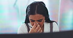 Stress, headache or woman in a call center with burnout exhausted by sales deadline pressure at help desk. Migraine pain, customer services or sick Indian telemarketing agent networking in office