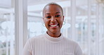 Happy, smile and face of business woman in office for management, leadership and vision. Professional, executive and future with portrait of black woman in startup agency for mindset, career or goal