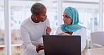 Laptop, office and manager helping an employee with a business report in the modern office. Discussion, corporate and African leader consulting a muslim female worker on a computer in the workplace.