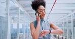 Phone call, office and black woman check time while talking, chatting or speaking. Cellphone, business watch and female worker networking, discussion or conversation with contact on mobile smartphone