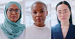 Collage, face and business women in global video call, networking or employees b2b with diversity. Video conference, zoom call or virtual online meeting of muslim, black woman and asian in a webinar
