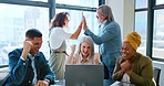 Teamwork, high five and applause of business people on laptop celebrating success, goals or targets. Collaboration, celebration and group of employees on computer clapping to celebrate achievement.