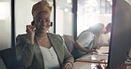 CRM, happy customer service or consultant black woman with smile for success telemarketing, help or communication. Sales advisor, call center or employee for contact us consulting or customer support