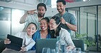 Office selfie, tablet and working community profile picture for social media with a smile. Team work, motivation and happy employee group on technology with silly hand gesture and diversity on media