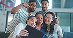 Office team selfie, tablet and company with profile picture for social media and peace sign. Web, motivation and happy employee group on technology with silly hand gesture and diversity on media