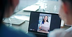 Video call, tablet and business people in online meeting, team conference and discussion. Asian woman, digital screen and worker communication for presentation, webinar or strategy management on tech