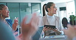 Applause, happy or business people with tablet in meeting for company growth, partnership or celebrate target achievement. Smile, collaboration or team of employee for success, review or target goal