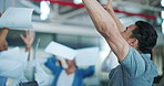 Business people throw paper in air for success, winning and celebration clapping hands, teamwork and excited. Finance documents of staff, employees or worker startup sales, profit or freedom applause