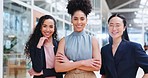 Empowerment, pride and portrait of team of women at creative marketing startup company. Teamwork, diversity and smile, confident group of happy women and ideas in advertising industry in office lobby