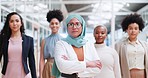 Leadership, empowerment and woman in hijab with team at creative marketing startup company. Teamwork, diversity and confident group of women with focus in advertising industry walking in office lobby