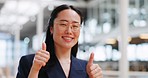Thumbs up, walking and face of company woman with emoji gesture for success congratulations, job well done or winner. Agreement, finished and happy portrait of Asian business girl with yes hand sign