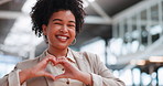 Black woman with hand heart, face and business love, happy with corporate career and professional success. Modern office, happiness and vision, sign with hands and pride in job, portrait in workplace