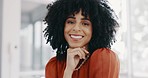 Face, vision and mindset with a business black woman sitting at a desk with her hand on her chin. Portrait, happy and smile with a female employee thinking about future growth or company development