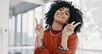 Hands, peace and face of black woman in the office with happiness, success and leadership in corporate career. Business, mindset and female worker with peace sign for vision, goals and motivation