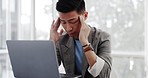 Asian businessman, headache or tired face in communication office, laptop or marketing company. Man, computer and mental health with burnout, target or kpi at digital marketing agency on web in Tokyo