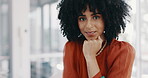 Face, vision and mindset with a business black woman sitting at a desk with her hand on her chin. Portrait, happy and smile with a female employee thinking about future growth or company development