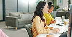 Call center, consulting or Asian business woman with computer for telemarketing, customer service or contact us. Communication, sales or crm girl employee at help desk agency for technical support