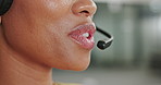 CRM, customer service face or consultant black woman with life insurance telemarketing, help or communication. Sales advisor, call center or employee for contact us, consulting or customer support