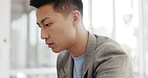 Face, business and Asian man in office planning sales, advertising or marketing project. Strategy, company and male entrepreneur, manager or ceo in workplace working on financial proposal or report.